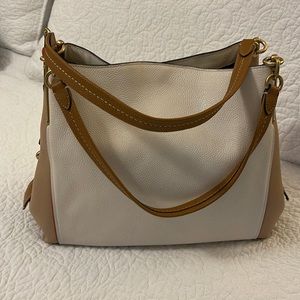 Leather Coach purse cream, tan and orange with matte gold hardware